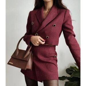 Zara Houndstooth Cropped Blazer Jacket Shoulder Pad Double Breasted Plaid